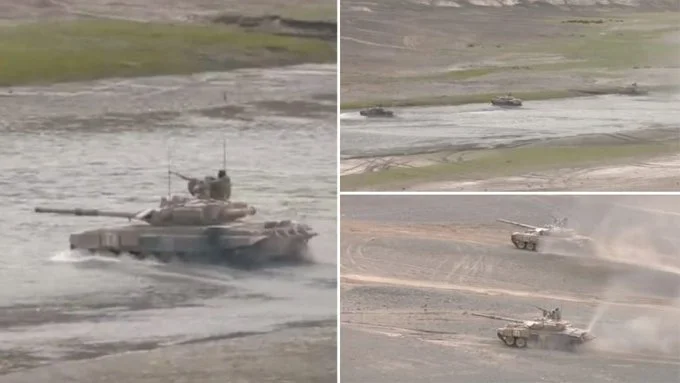 Eastern Ladakh: Indian Army tanks and combat vehicles crosses Indus river in a drill to attack enemy positions