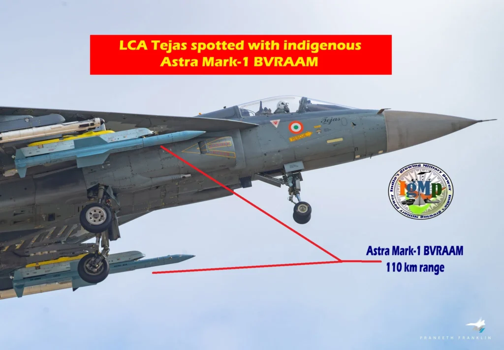 First photograph of LCA Tejas flying with indigenous Astra Mark-1 BVRAAM surfaces